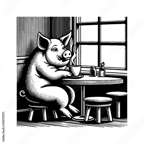 Pig drinking coffee staring at window in a cafe. Boar Hog relaxing corner