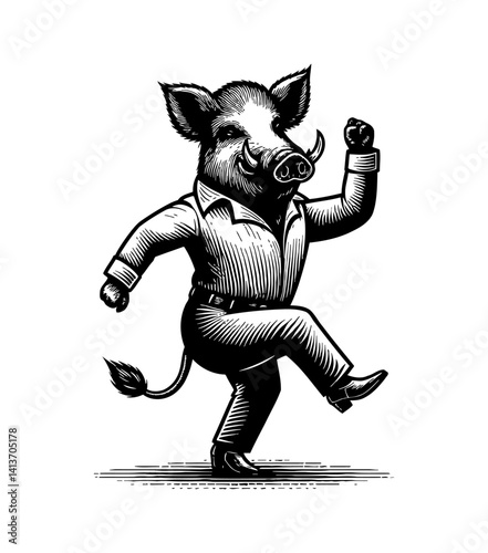Funny Pig Boar Hog Character in Dancing Movement Enjoying Music and Performance Art