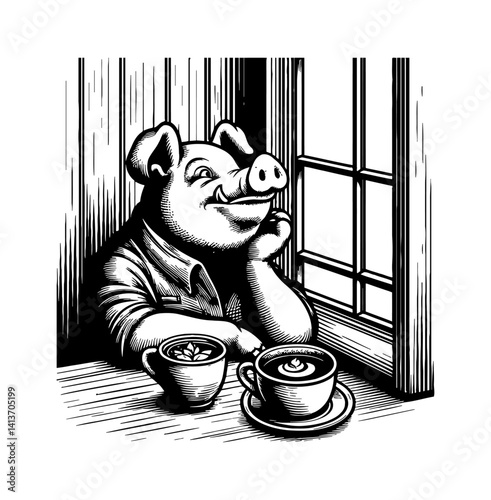 Pig boar hog drinks coffee in cafe stares window with thoughtful expression