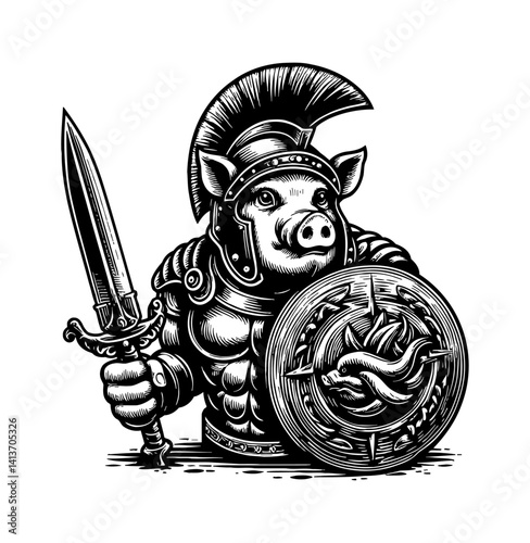 Pig in gladiator armor standing in ancient Rome battle arena with angry expression