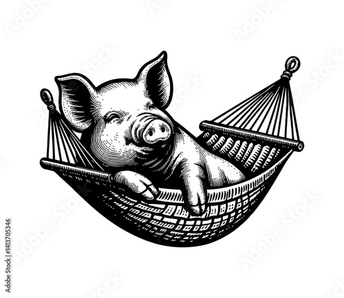 Pig boar hog is relaxing on hammock in nature during summer outdoor leisure
