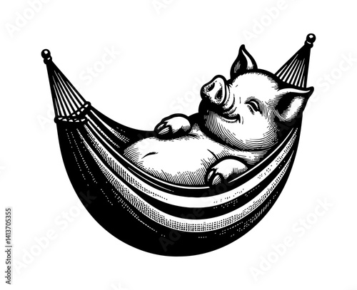 Pig hog boar chilling in hammock, relaxing outdoor in summer nature scene.