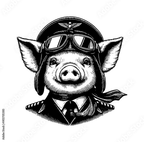 Humorous Pig Boar Hog Head as a Pilot with Plane in Dark Background Illustration