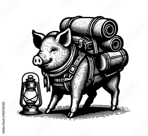 Adorable Pig Boar Hog Hiking on Mountain Camping Adventure in Outdoor Nature Travel