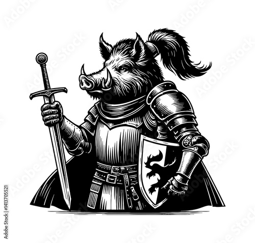 Pig boar hog knight armor medieval warrior fantasy sword battle digital art