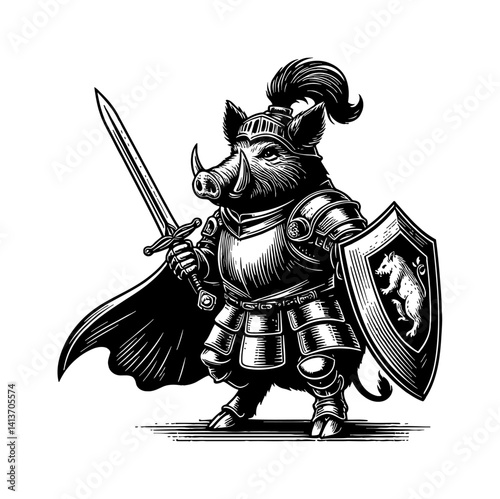 Armored Pig Warrior in Medieval Battle with Sword Fantasy Illustration Style Art