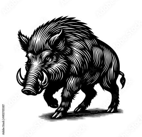 A fierce, menacing boar or hog, displaying a threatening posture and expression in the dark background.