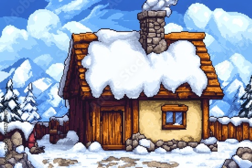 A pixel-art winter hut covered in snow, with a tiny chimney puffing animated smoke