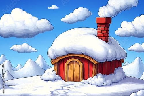 A pixel-art winter hut covered in snow, with a tiny chimney puffing animated smoke