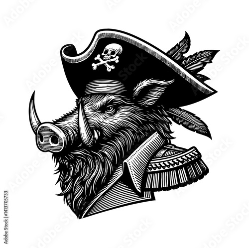 Happy Pig as Pirate Captain Sailing Ship on Sea Adventure for Treasure