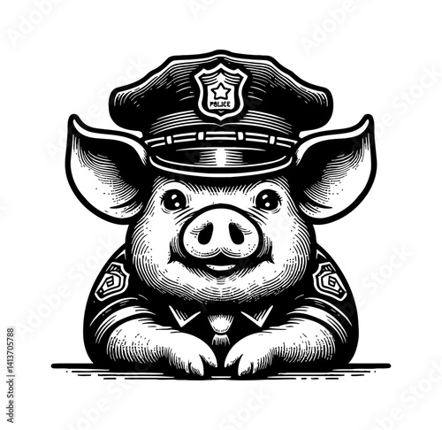 Pig boar hog police officer standing in law enforcement security uniform on patrol