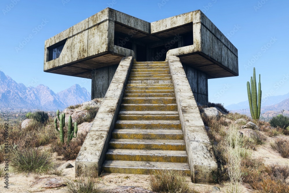 A post-apocalyptic desert fortress built from scavenged metal and reinforced concrete