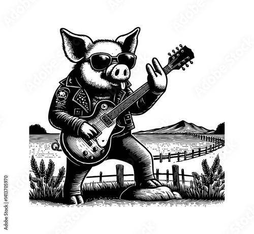 Pig as Rockstar Playing Guitar on Stage in Concert Fashion Band