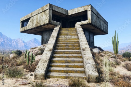 A post-apocalyptic desert fortress built from scavenged metal and reinforced concrete