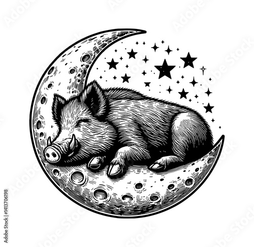 Pig boar hog peacefully sleeping soundly on the moon with dream expression fantasy scene
