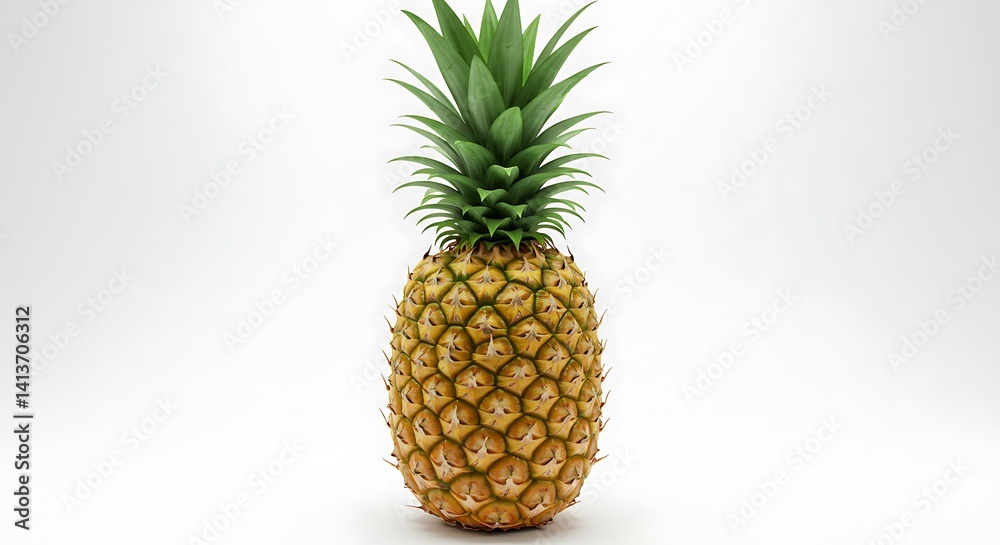 Whole pineapple with vibrant green crown and textured skin, isolated on white Whole pineapple with vibrant green crown and textured skin, isolated on white