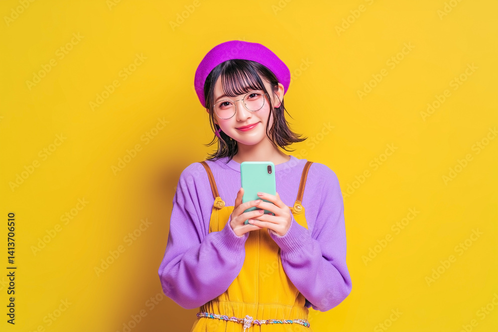 スマートフォンを使うおしゃれな女性 黄色背景 画像生成AI
