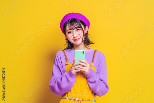 Obraz na płótnie スマートフォンを使うおしゃれな女性 黄色背景 画像生成AI w salonie