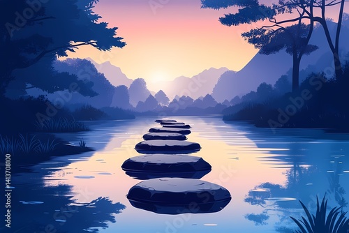 Tranquil River Landscape: Serene Rock Reflections at Sunset with Vibrant Colors and Calm Waters