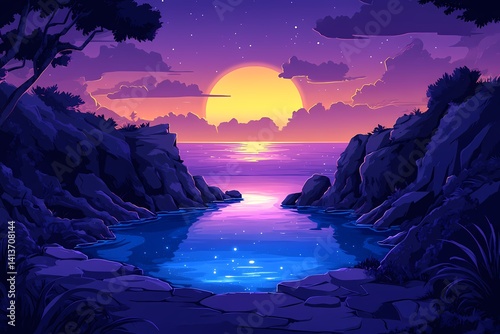 Vibrant Sunset Over Serene Ocean: Scenic Digital Art of Tranquil Coastline and Natural Beauty