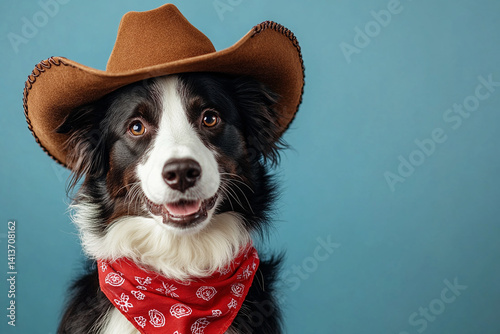 Adorable black and white Border Collie dog wearing a cowboy hat and bandana against a blue background.  Ready for a rodeo!