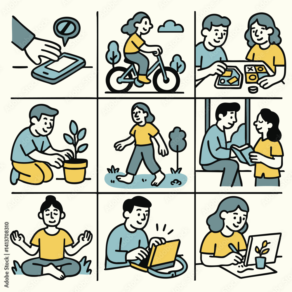 Illustration depicting sequence of activities promoting well being including using smartphone cycling playing games gardening walking reading meditating and working on laptop Illustration depicting sequence of activities promoting well being including using smartphone cycling playing games gardening walking reading meditating and working on laptop
