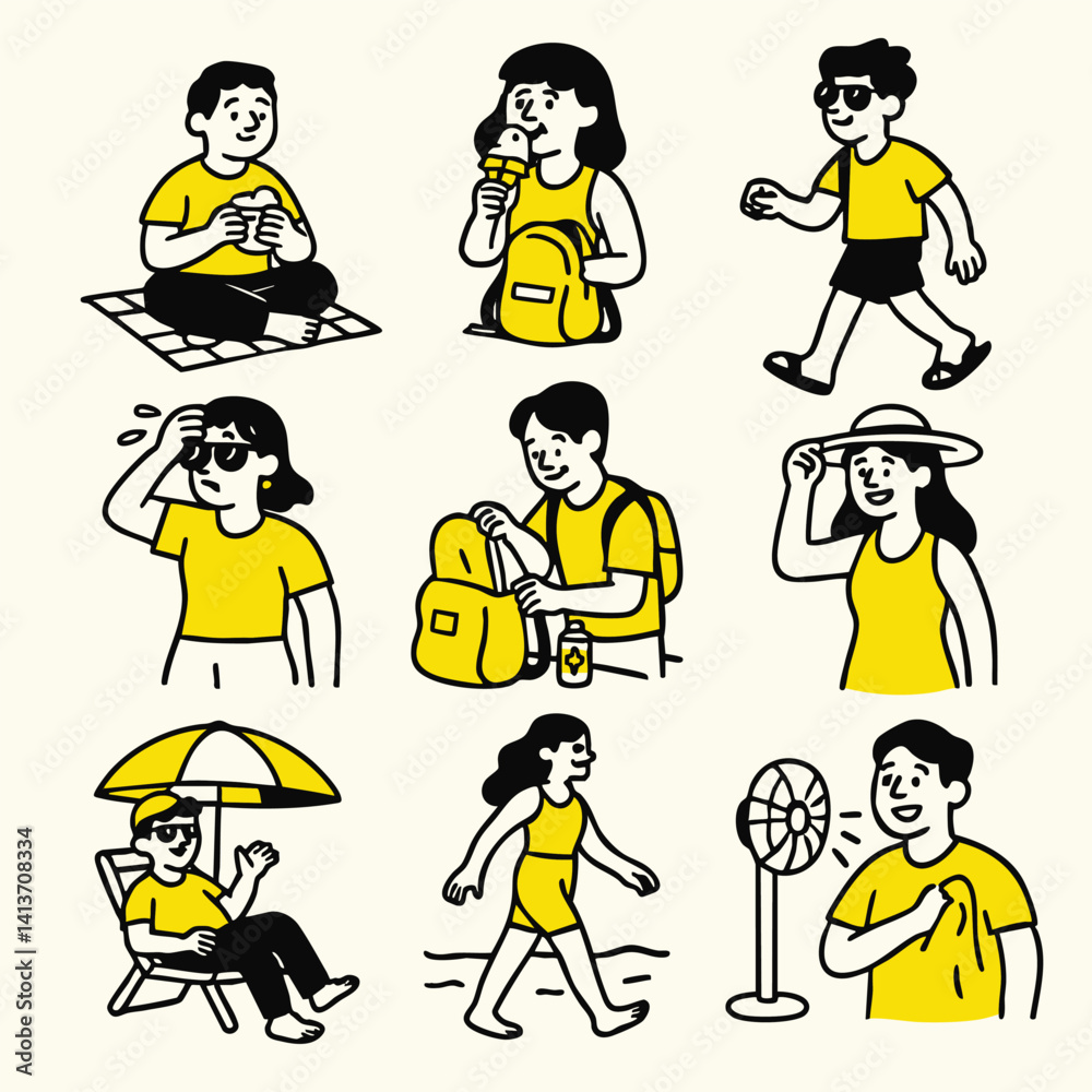 Enjoy vibrant summer scene featuring people engaging various activities like eating snacks, enjoying ice cream, and walking beach. cheerful atmosphere is enhanced by bright yellow clothing Enjoy vibrant summer scene featuring people engaging various activities like eating snacks, enjoying ice cream, and walking beach. cheerful atmosphere is enhanced by bright yellow clothing
