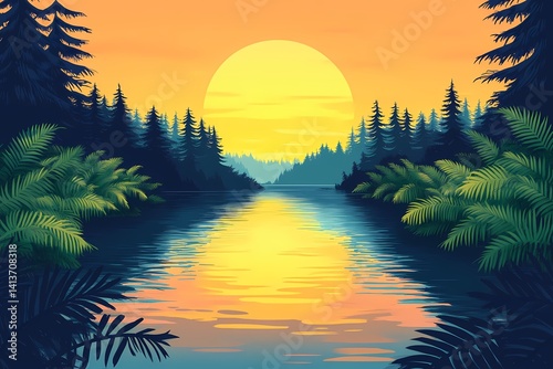 Serene Sunset Reflection: Tranquil Riverside Landscape with Vibrant Colors and Nature's Beauty