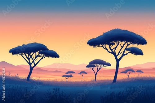 African Savannah Sunset: Vibrant Landscape with Silhouettes and Colorful Sky