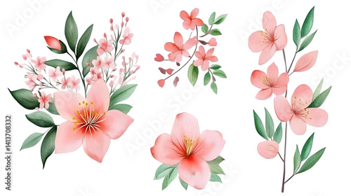 Fototapeta Naklejka Na Ścianę i Meble -  Watercolor Floral Illustration with Pink Blossoms on Transparent Background