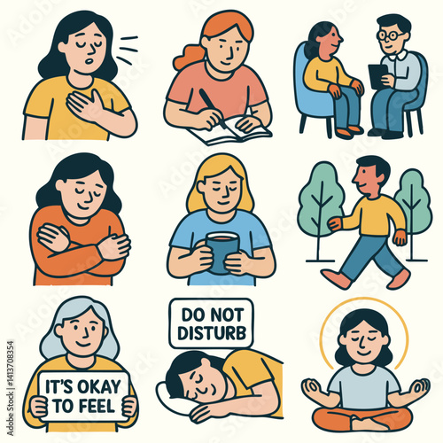Emotional expressions depict various aspects of mental health and self care, including feelings of anxiety, reflection, and mindfulness practices. It important to prioritize emotional well being