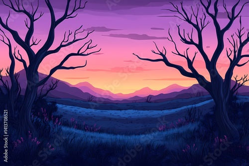 Vibrant Twilight Landscape with Silhouette Trees and Colorful Sky: Abstract Nature Art at Sunset