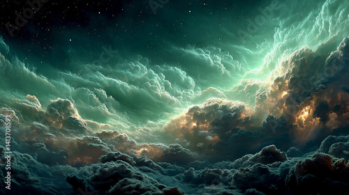 A stunning space scene of green nebulae resembling auroras rippling across the cosmos symbolizes the mystery of the universe cosmic energy life beyond earth and the harmony of celestial forces

