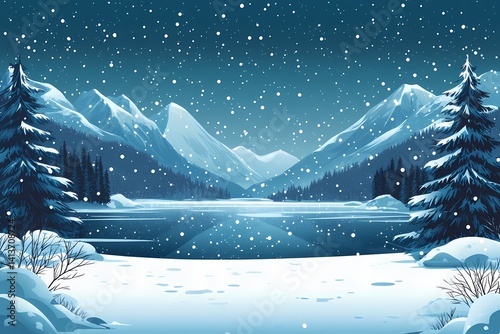 Winter Wonderland: Serene Winter Mountains and Snowy Trees Overlooking a Frozen Lake Under Night Sky