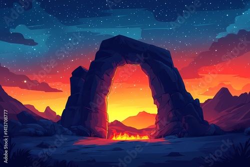 Mystical Rock Formation at Sunset: Vibrant Colors and Starry Night Sky