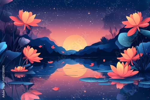 Serene Sunset Glow over Lotus Lake: A Vibrant Fantasy of Tranquil Water Lilies and Twilight Reflections