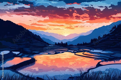 Tranquil Sunset Over Rice Terraces: Scenic Mountain Reflections and Colorful Sky