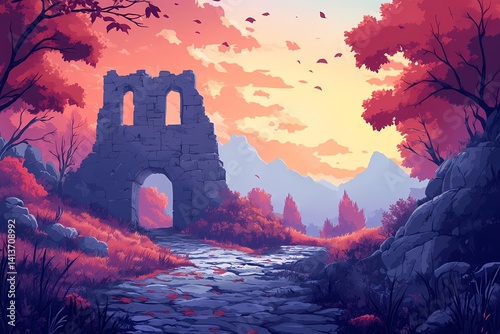 Majestic Autumn Landscape with Ruins at Sunset - Vibrant Nature Scenery and Tranquil Wilderness