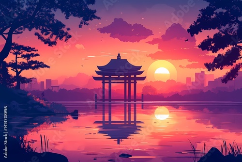 Sunset Reflection on Tranquil Lake: Vibrant Cityscape with Pavilion Silhouettes and Mystical Sky