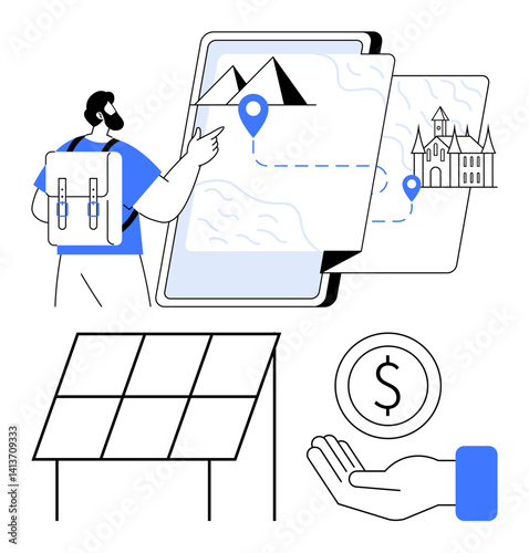 Male traveler with backpack interacting with digital map interface marked by destinations, solar panel illustration, and a hand with a coin. Ideal for travel, sustainability, eco-tourism, technology