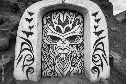 A vampireâ€™s hidden hut deep in the mountains, covered in ancient symbols and guarded by bats