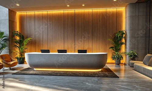 Modern reception area with sleek design, warm lighting, and lush greenery in a contemporary office