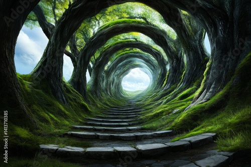 An ancient elf fortress, hidden within the tallest trees of an enchanted forest