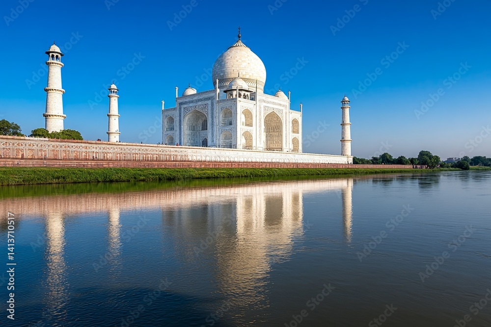 Fototapeta premium The Taj Mahal reflecting in the still waters of the Yamuna River during sunrise