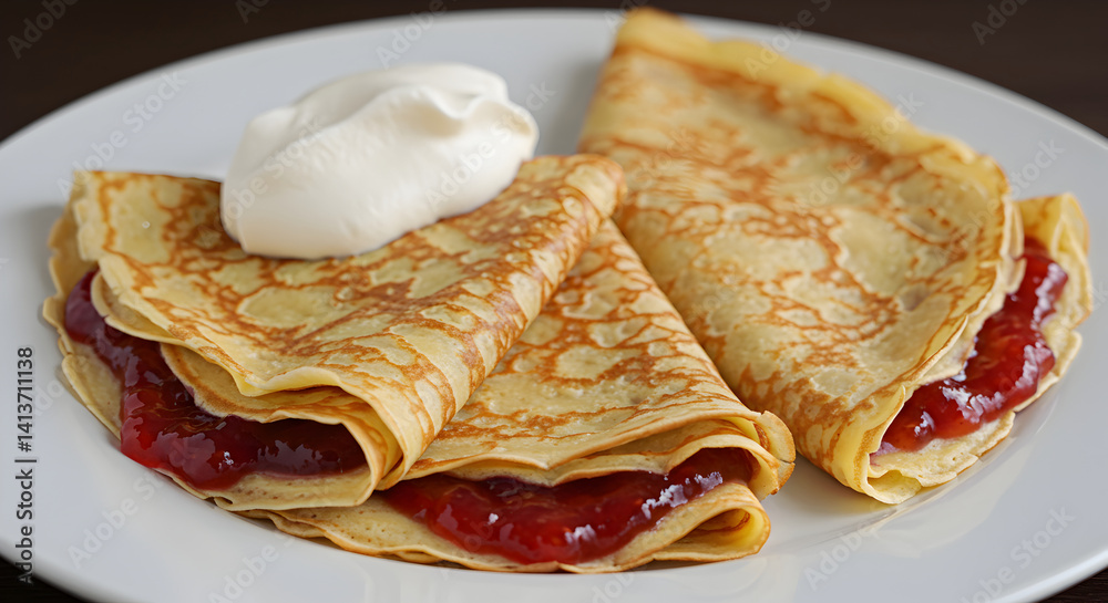 Delicious Pancakes With Red Jam And Fresh Whipped Cream Breakfast Delicious Pancakes With Red Jam And Fresh Whipped Cream Breakfast