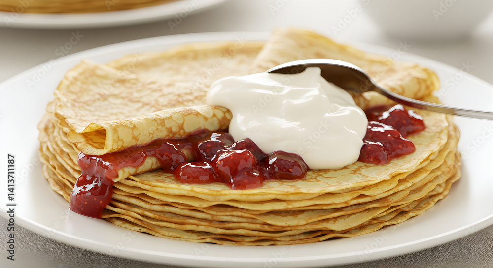 Delicious Homemade Crepe Stack Topped With Fresh Cream And Berry Compote