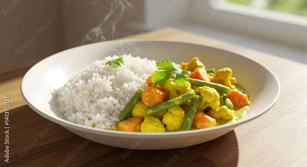 Steaming Bowl Of Golden Vegetable Curry Served With Fluffy White Rice Steaming Bowl Of Golden Vegetable Curry Served With Fluffy White Rice