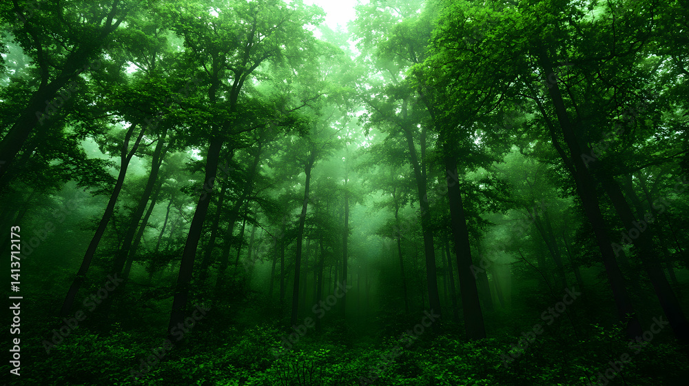 Fototapeta premium Enchanting misty forest, lush green canopy, sunlight filtering through trees, mysterious woodland scene.