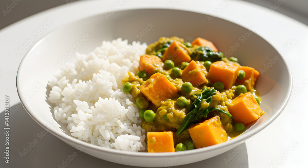 Healthy Sweet Potatoes With Rice, Peas And Spinach Curry in White Bowl Healthy Sweet Potatoes With Rice, Peas And Spinach Curry in White Bowl