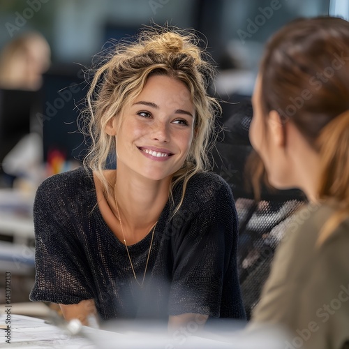 Two Women Having a Friendly Conversation in an Office